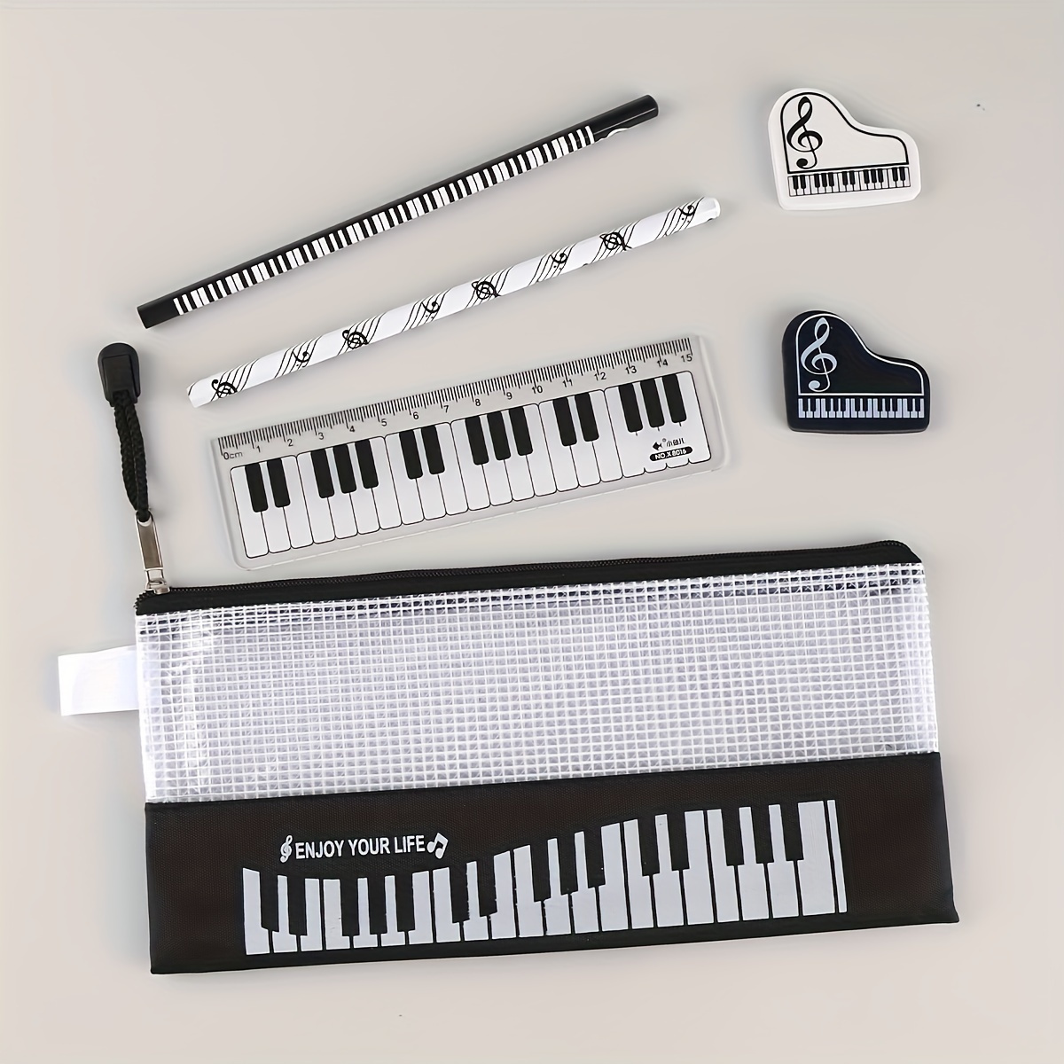 

6pcs Stationery Set - Black & White, Music-themed Supplies For Students, Includes Pen, Zippered Pencil - Ideal Back To School Gift Or Prize, Accessories