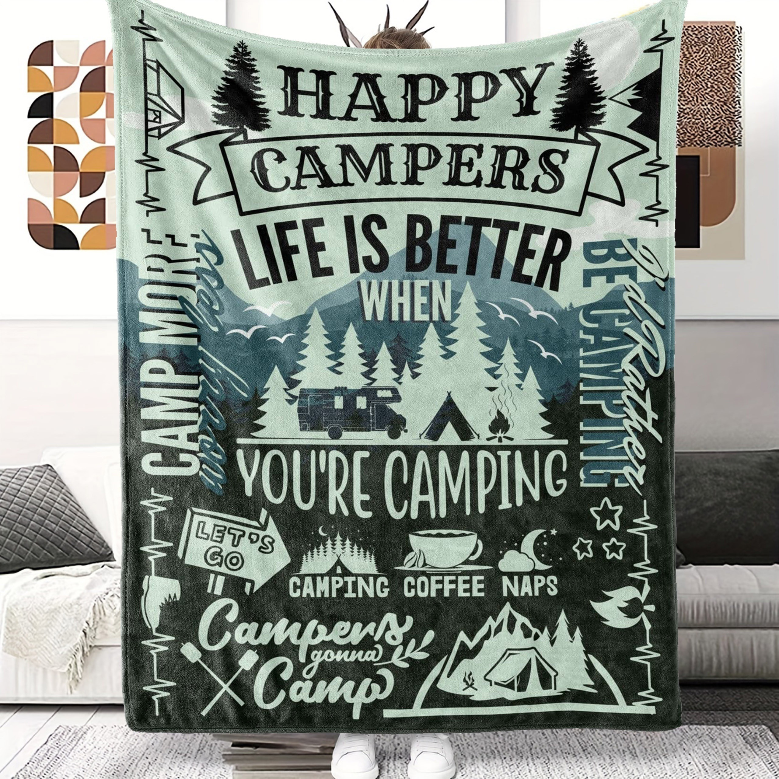 

1pc Cozy Camping Theme Gift Blanket - Soft Flannel Material, Unique Design, And Camping Trips - Ideal For Women And Men, Lovers, Home Decor, Travel, Hiking, And Use