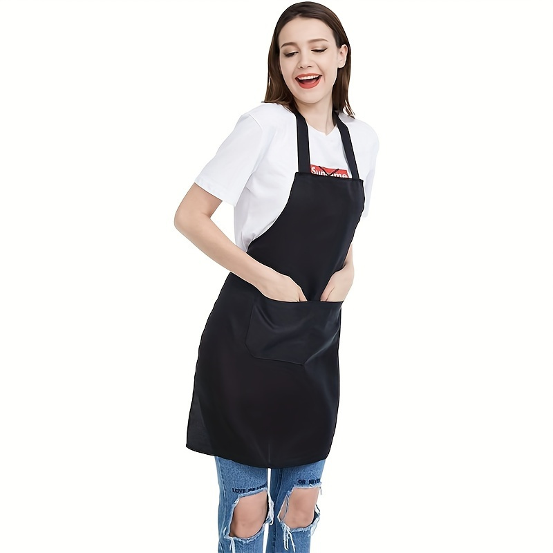 

10-piece Set Of Comfortable Black Aprons For Both Men And Women - Made Of Polyester, Machine Washable, With 2 Spacious Pockets, Suitable For Cooking And Barbecue