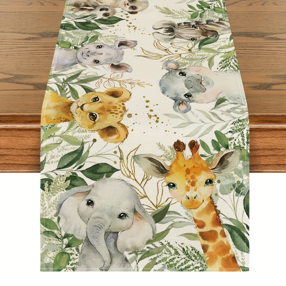 

Polyester Animal-themed Table Runner - Rectangular Woven Elephant Giraffe Print For Kitchen, Dining, Parties & Seasonal Spring Summer Decor - Fade Resistant & Machine Washable, Pack Of 1