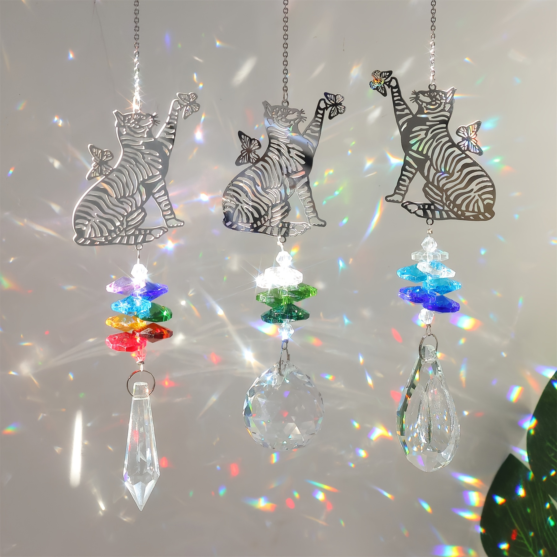 Image of 3-pack Cat And Crystal Suncatchers - Glass Prism Pendant Rainbow Makers For Garden Decor, Animal Theme Valentine's Day Gift, Christmas Decorations, Halloween Decorations