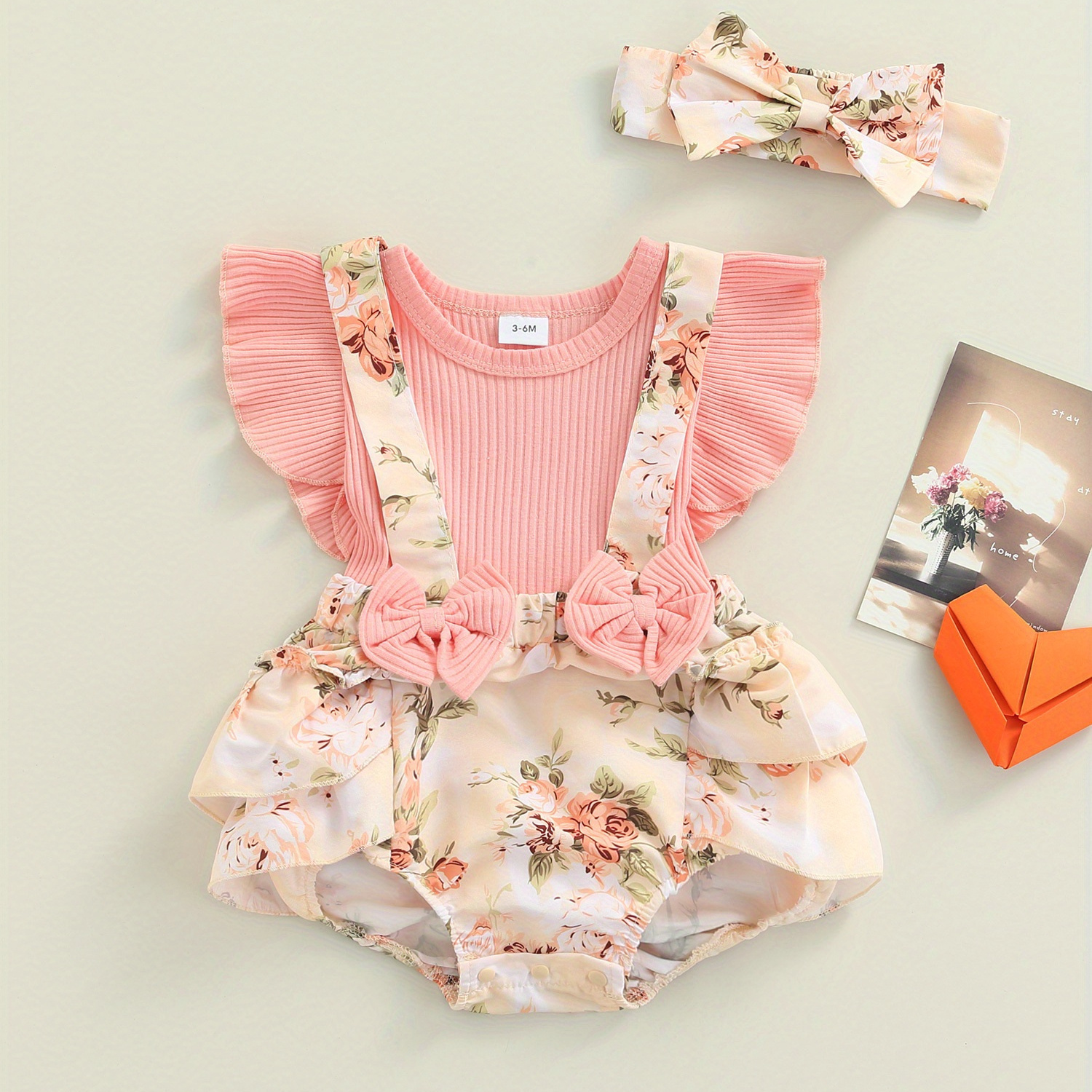 

Baby Girls Two-piece Clothes Set, Pink Floral Printed Pattern Fly Sleeves Romper And Bow Knot Headdress, 0-18 Months