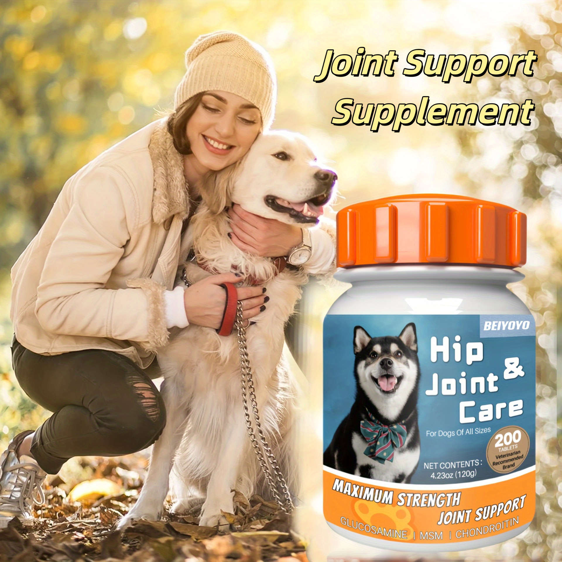 

All Breeds |hip & Joint Supplement For Dogs With Glucosamine, Chondroitin, Hyaluronic Acid And Green Webbed Mussels | 200 Tablets, Colored Accents