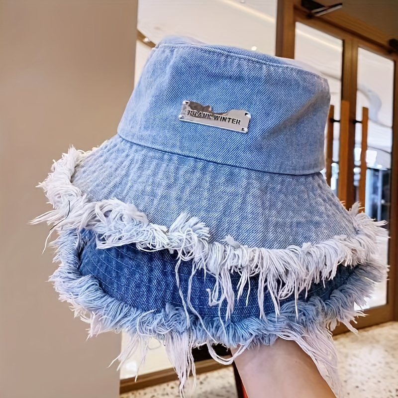 

Classic Raw Hem Bucket Hat Blue Denim Washed Distressed Basin Hats Lightweight Casual Sunshade Fisherman Cap For Women &man