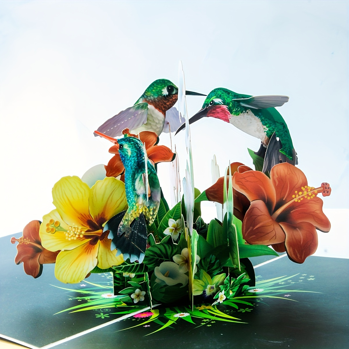 

Elegant 3d Pop-up Birthday Card With Hummingbirds And Flowers - Personalized In English, German, French, Japanese, And Korean