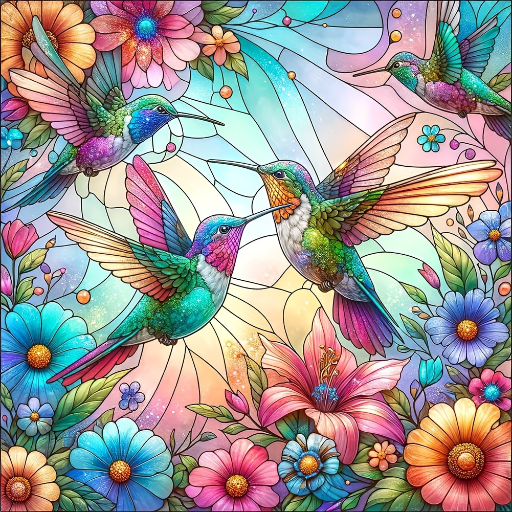 

5d Diy Diamond Painting Kit - Vibrant Hummingbirds & Floral Mosaic Art, Round Diamond Full Drill Canvas, Craft Tools Included, Wall Decor For Living Room, Office, Party - Frameless 30x30cm