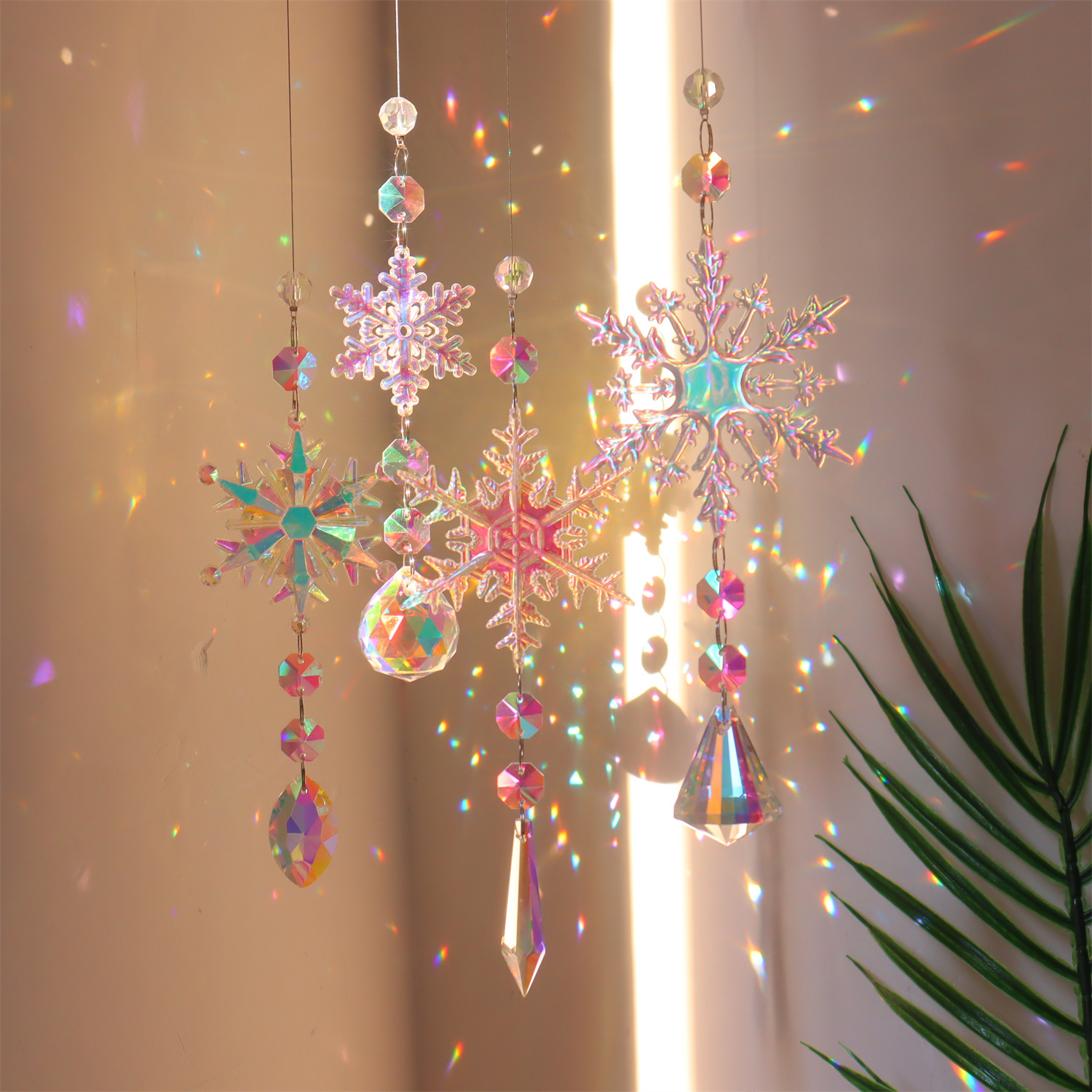 TEMU 4pcs Crystal Suncatcher Hanging Ornaments Set - Glass & Plastic Design Sun For Window Decor, Christmas Tree, , No Power Needed