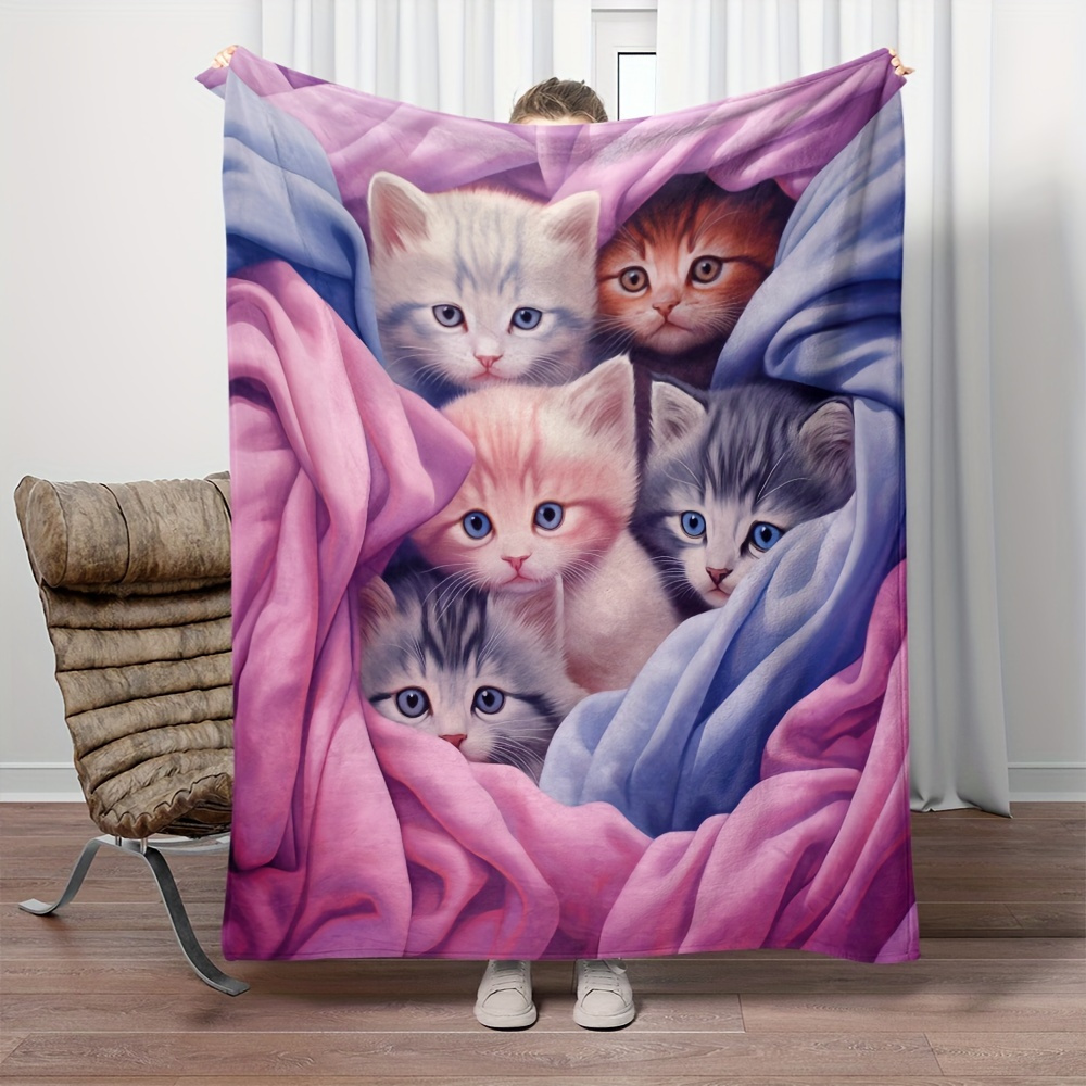 

1pc Tabby Kittens Cozy Flannel Blanket - Lightweight, Reversible, With Pink And - Sofa, Bed, Travel, Camping - Fleece Throw, Ideal Gift For Cat Lovers, Cat Blanket