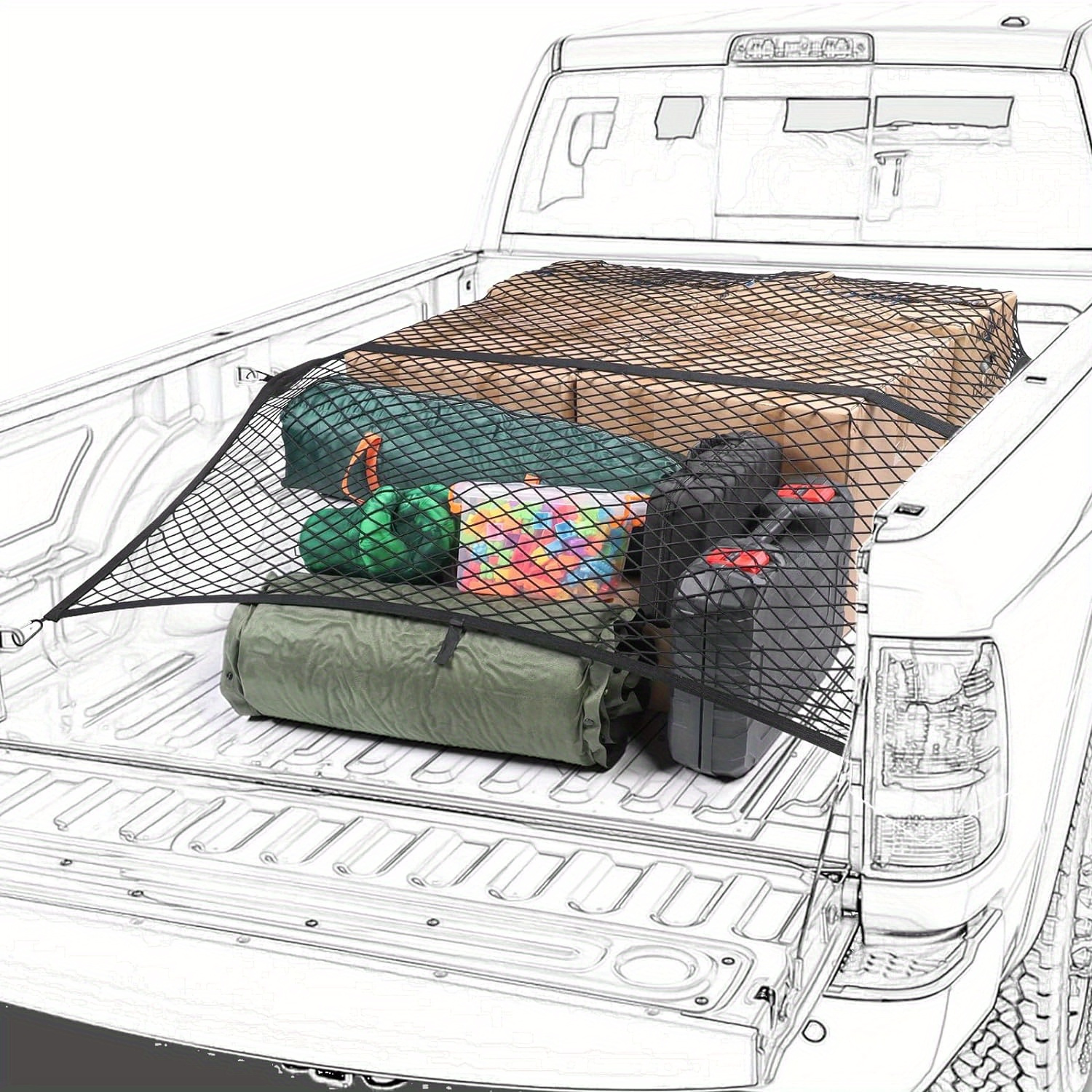 TEMU For Pickup Truck Bed, Trucks Mesh Organizer, 48''x48'' Stretch To 84''x84'' Truck Bed Net For Camping, Trip Luggage, Compatible With Trailer, For Ford, For , For