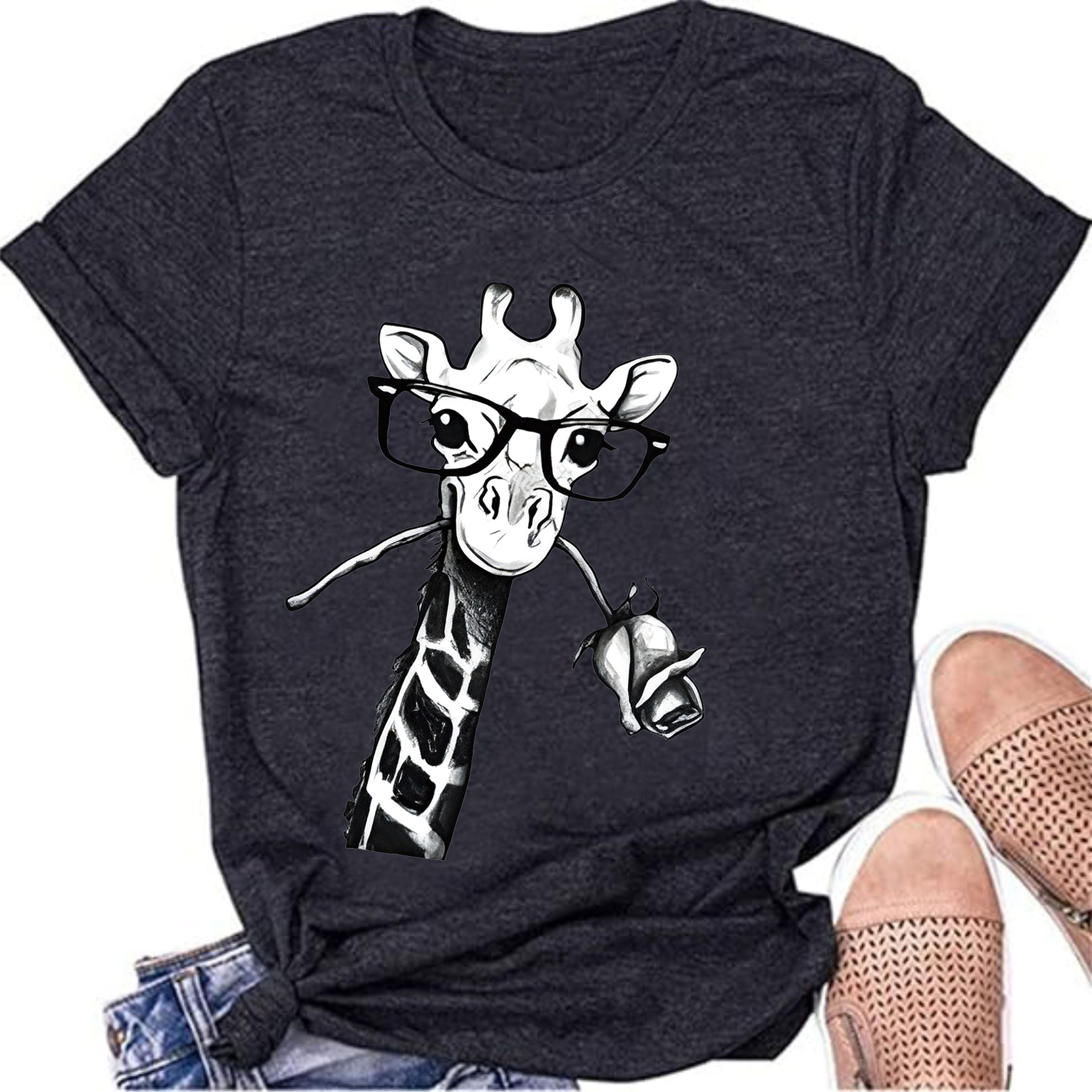 

Cute Giraffe Print T-shirt, Casual Crew Neck Short Sleeve Top For Spring & Summer, Women's Clothing