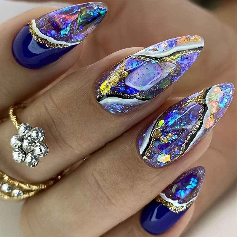 

24pcs/box Press On Nails Blue Amber Smudged Fake Nails Long Almond False Nails Seaside Beach Style Summer Colorful Golden Foil With Design Glitter Acrylic Nails, Send Jelly Glue And Nail File