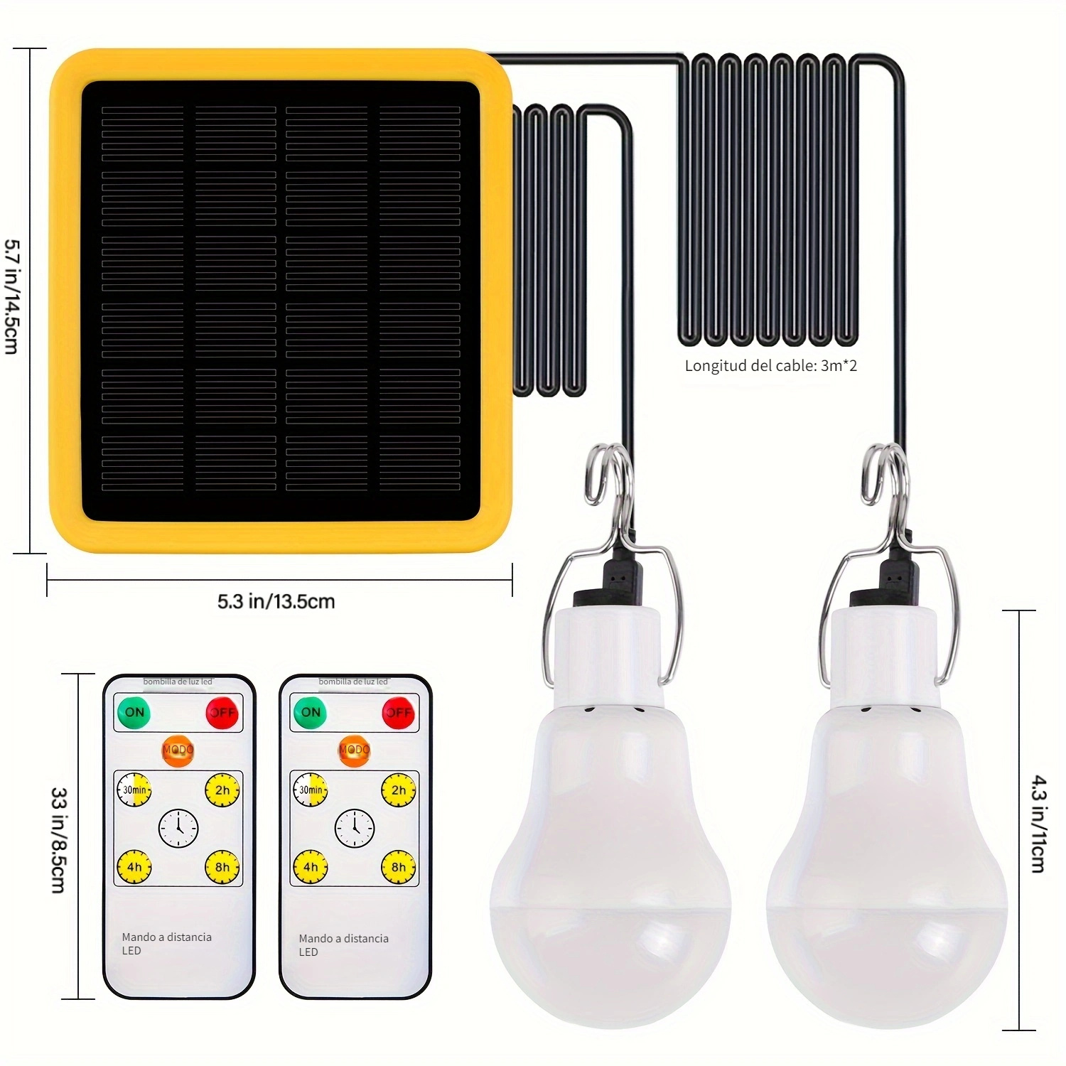  2 bombillas solares con 2 cables de 11.31 pies, bombillas  solares recargables de 130 lm de 3 W, luces de emergencia para gallineros  de emergencia para interiores y exteriores, luces solares