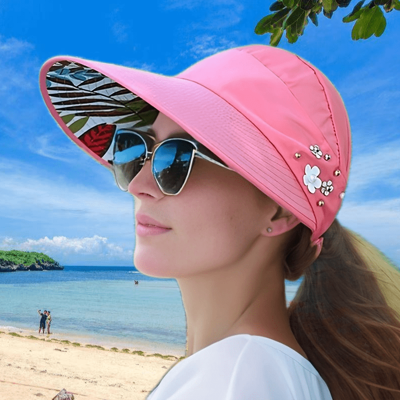 Beaded Flower Decor Visor Hats Trendy Solid Color Summer Sun - Temu