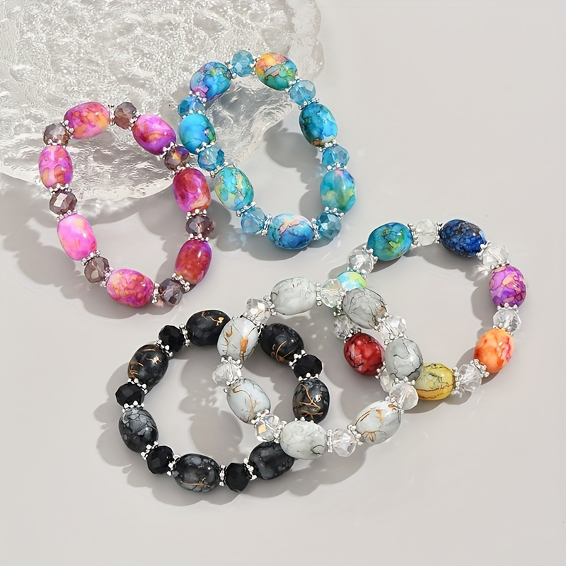 

5pc Colorful Glass Beads Beaded Bracelet Set Stretch Elastic Hand String Jewelry Set (random Color)