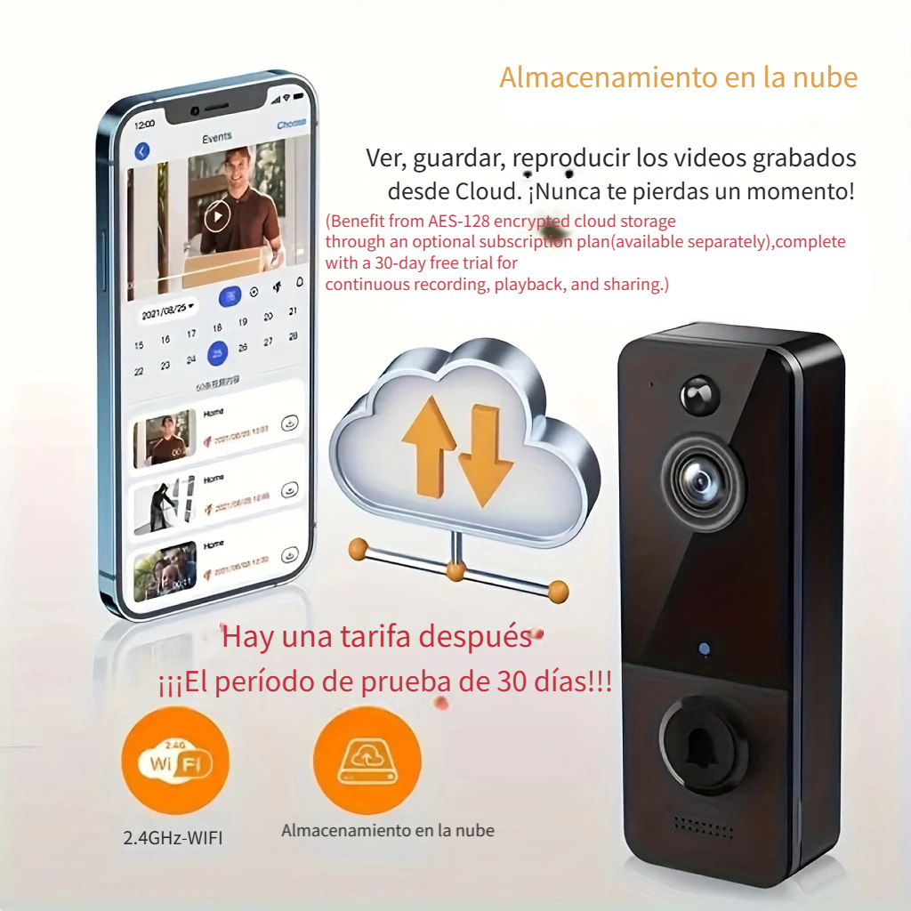  Timbre de la cámara inalámbrica WiFi Video Timbre IP6  impermeable, funciona con pilas, audio de 2 vías, detección de movimiento  inteligente, IR, gran angular, almacenamiento en la nube, WiFi de 2.4