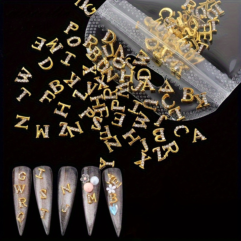 

26pcs English Letter Nail Charms With Rhinestones, Alloy Alphabet Nail Art Accessories Nail Art Supplies For Women