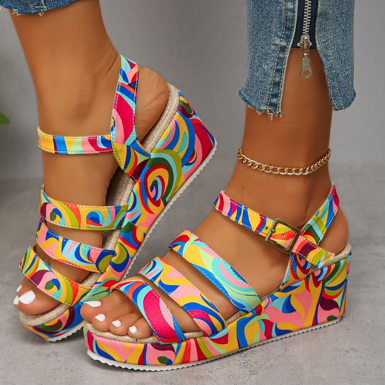 

Women's Abstract Color Wedge Heeled Sandals, Casual Open Toe Platform Shoes, Comfortable Ankle Strap Sandals