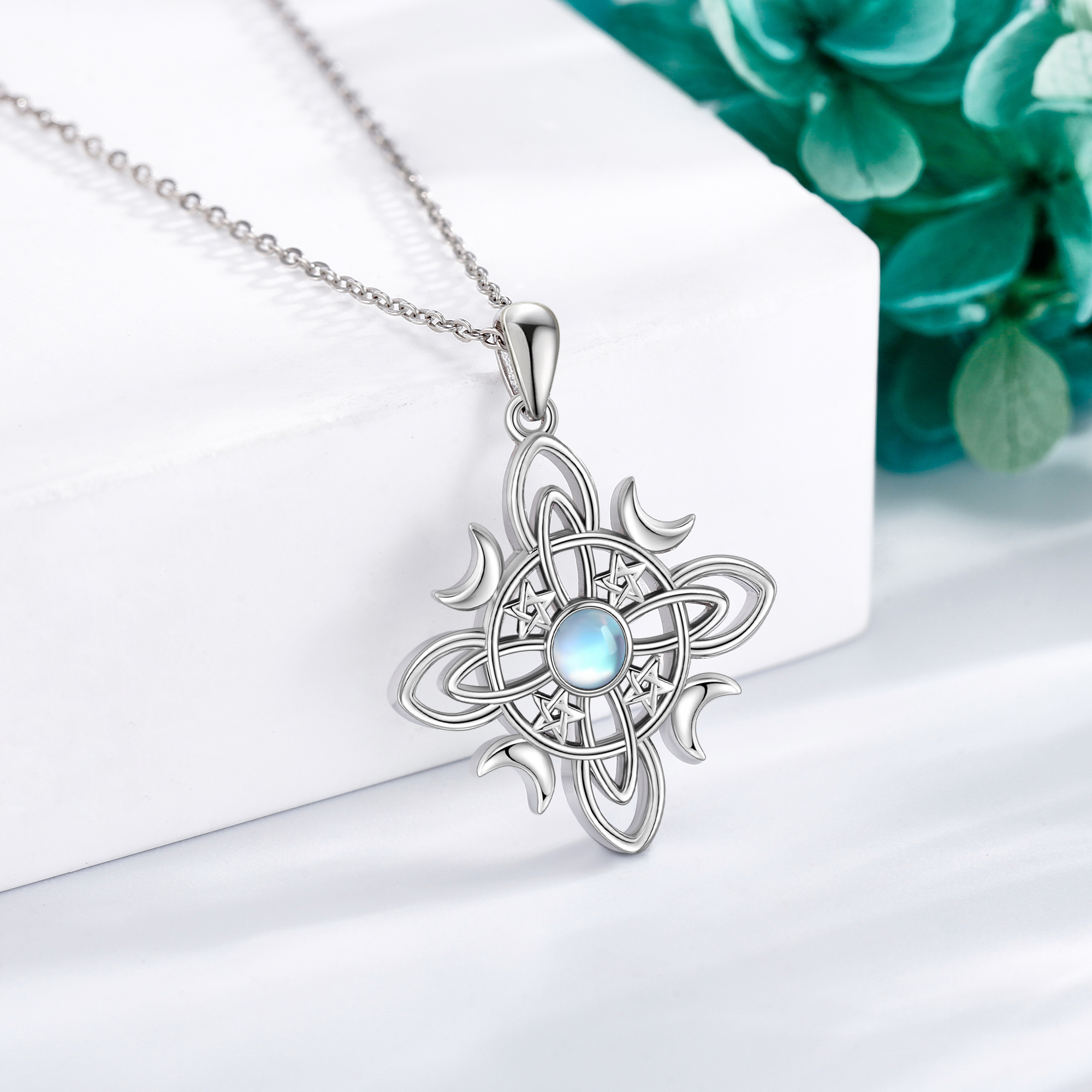 925 Sterling Silver Moonstone Witches Knot Necklace