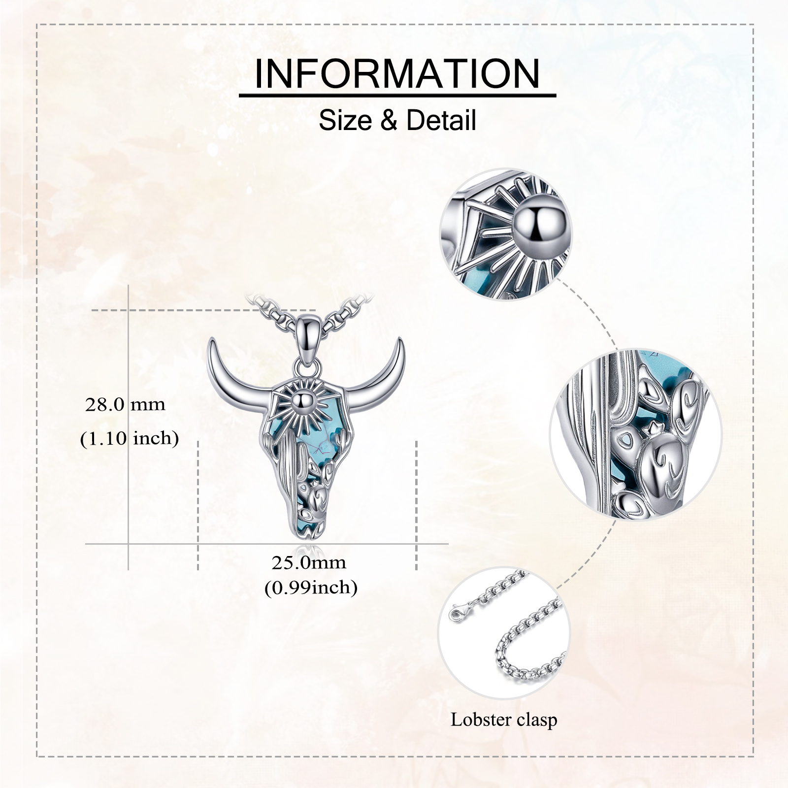 Women's 925 Sterling Silver Cow Skull & Cactus Pendant Necklace