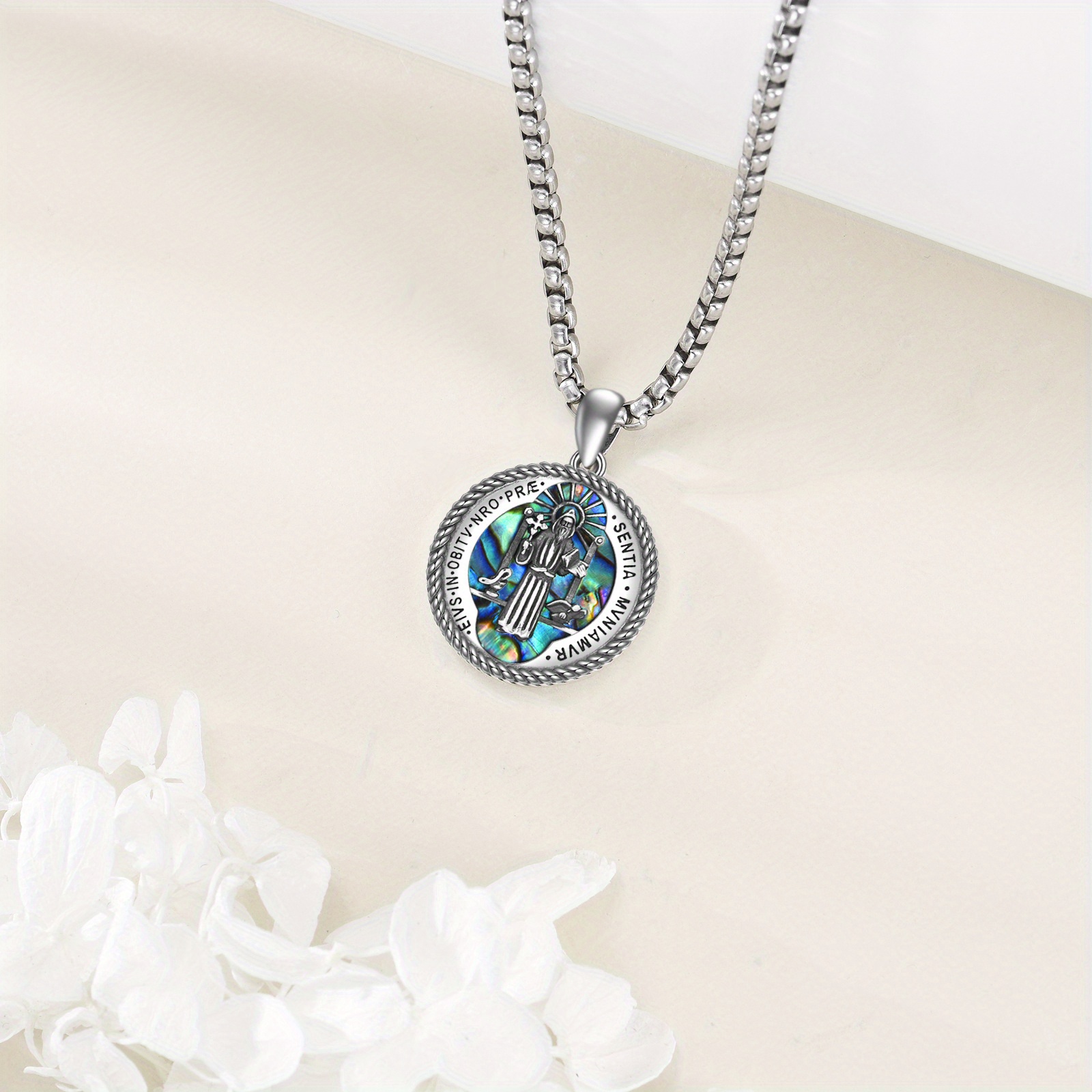 Women's 925 Sterling Silver Saint Benedict Medal Necklace with Abalone Shell