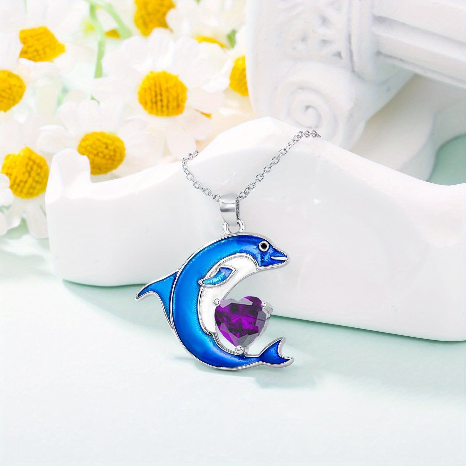 Dolphin Necklace 925 Sterling Silver with Blue Birthstone Pendant