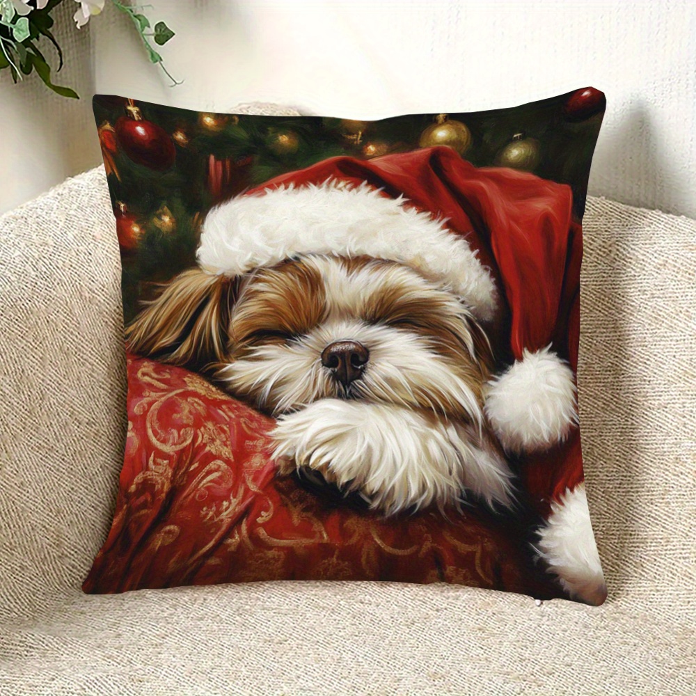 

1pc, 18x18 Inch Two-sided Super Soft Short Plush Throw Pillow, Shih Tzu Sleeping, Christmas Room Decor (no Pillow )