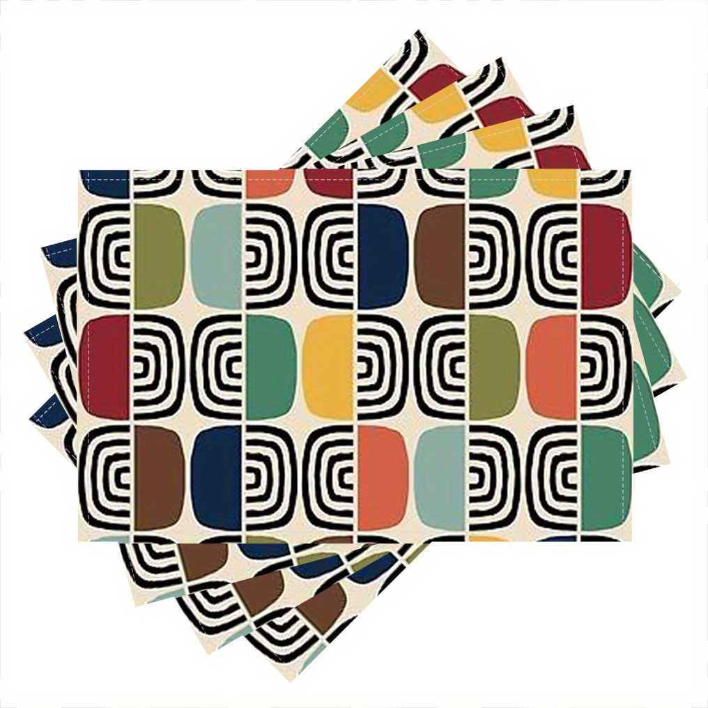 

4-Pack de tapis de table Mid-Century Modern à motif de cercle concentrique, 12x18 pouces, nappes en lin, facile à nettoyer, rectangulaires, lavables en machine, décoration pour et