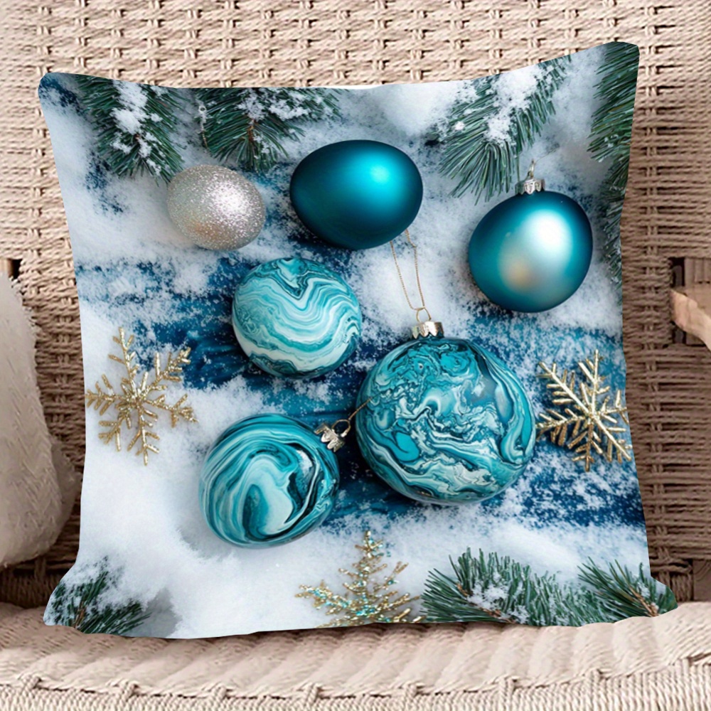 

Merry Christmas 18x18" Double-sided Plush Pillowcase - Blue & Teal Malachite Marble Design, Zip Closure, Machine Washable For Living Room & Bedroom Decor