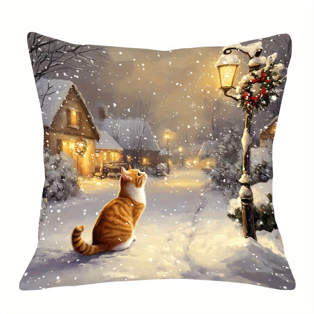TEMU 1pc Cozy Winter Cat Pillow Cover - 45cm X 45cm, Soft Peach Fleece With Zipper, Machine Washable Polyester, Snowy Cabin & Ginger Cat & Lantern
