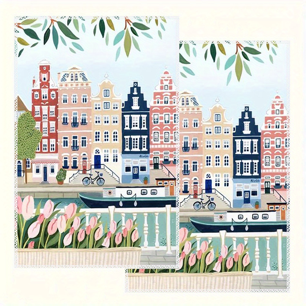 

2-pack Canal Scene Kitchen Towels, Contemporary Polyester Tea Towels 16 X 24 Inch, Machine Washable, Fade Resistant, Soft And Absorbent Dishcloths For Home Decor