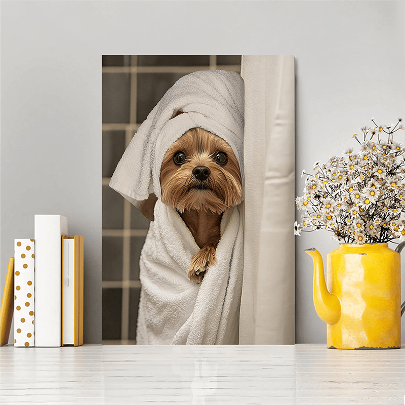 TEMU mural sur toile encadrée vintage plat 2D, 1 pièce, représentant un chien Yorkshire Terrier humoristique dans une de bain, idéal pour les de bain