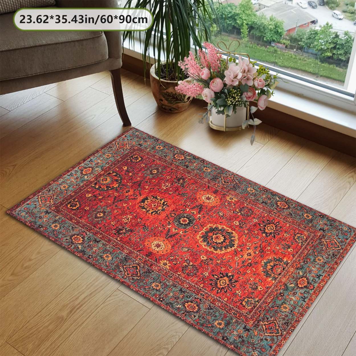 TEMU Bohemian Persian Style Dark Pattern | Modern Home Decor Carpet, Machine Washable, Non-slip, Low Pile Polyester, Suitable For Living Room,