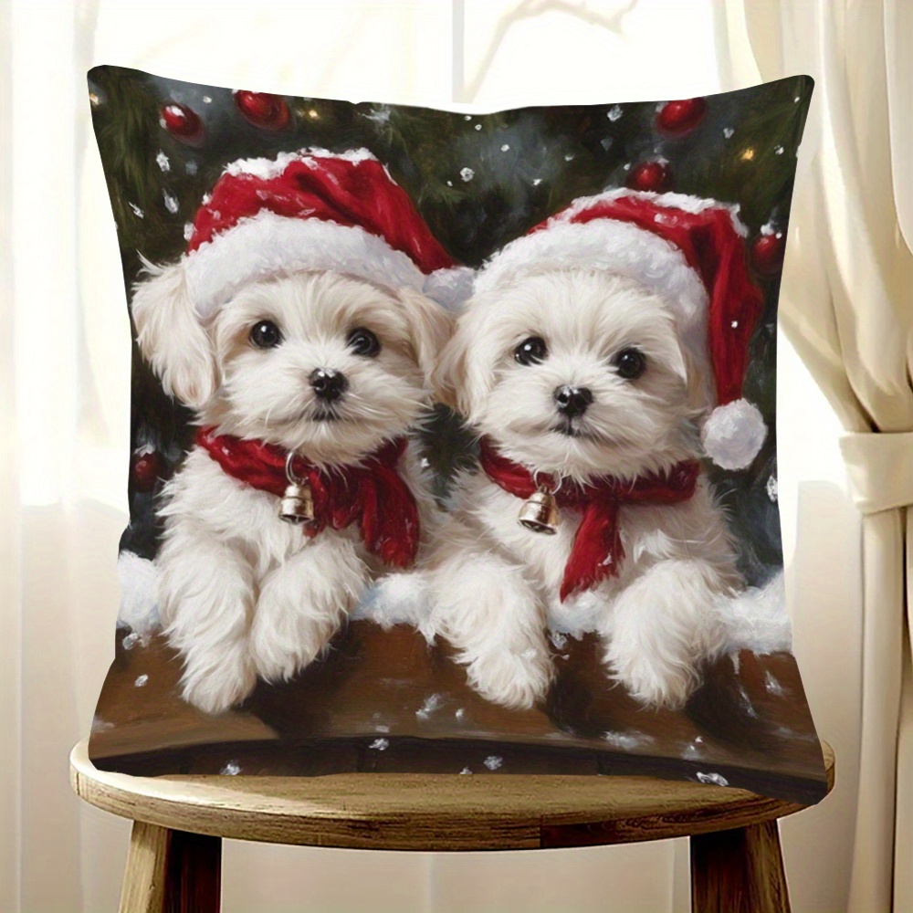 

1pc Christmas Maltese Dog , 18x18 , , , , , Cushion For Sofa, , , Decor