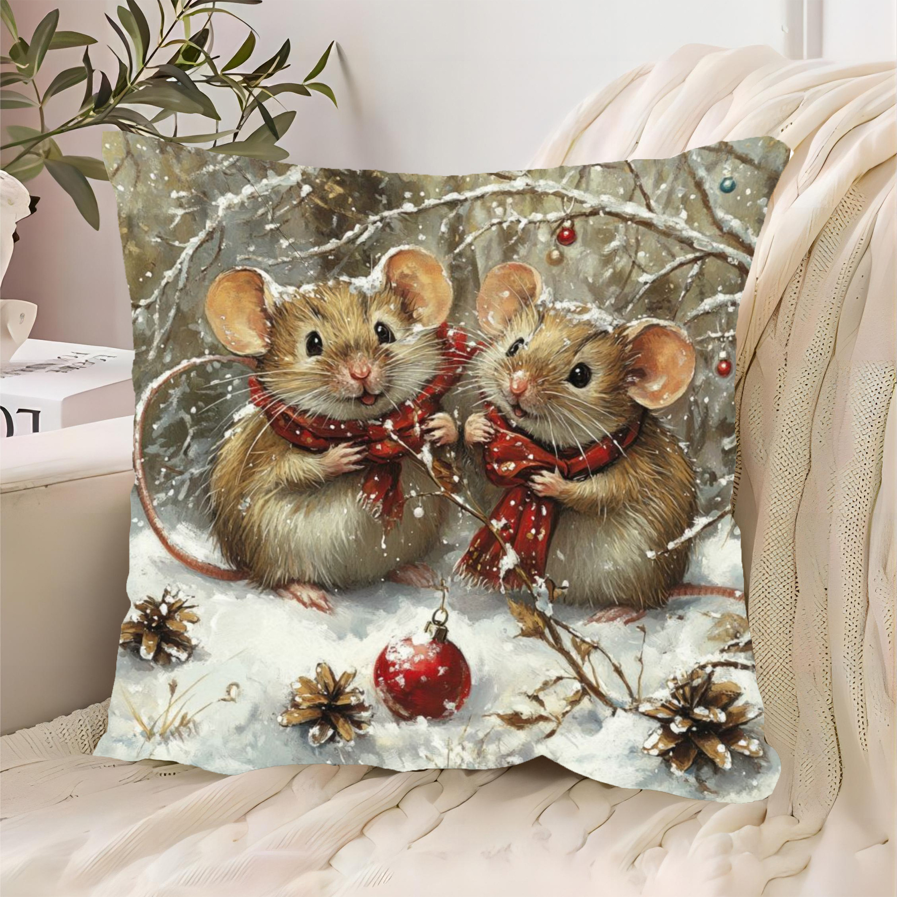 

Christmas Mice 18x18 Inch Plush Pillow Cover - Soft, Machine Washable, Zip Closure For Decor (pillow Not Included), Decorative Pillows