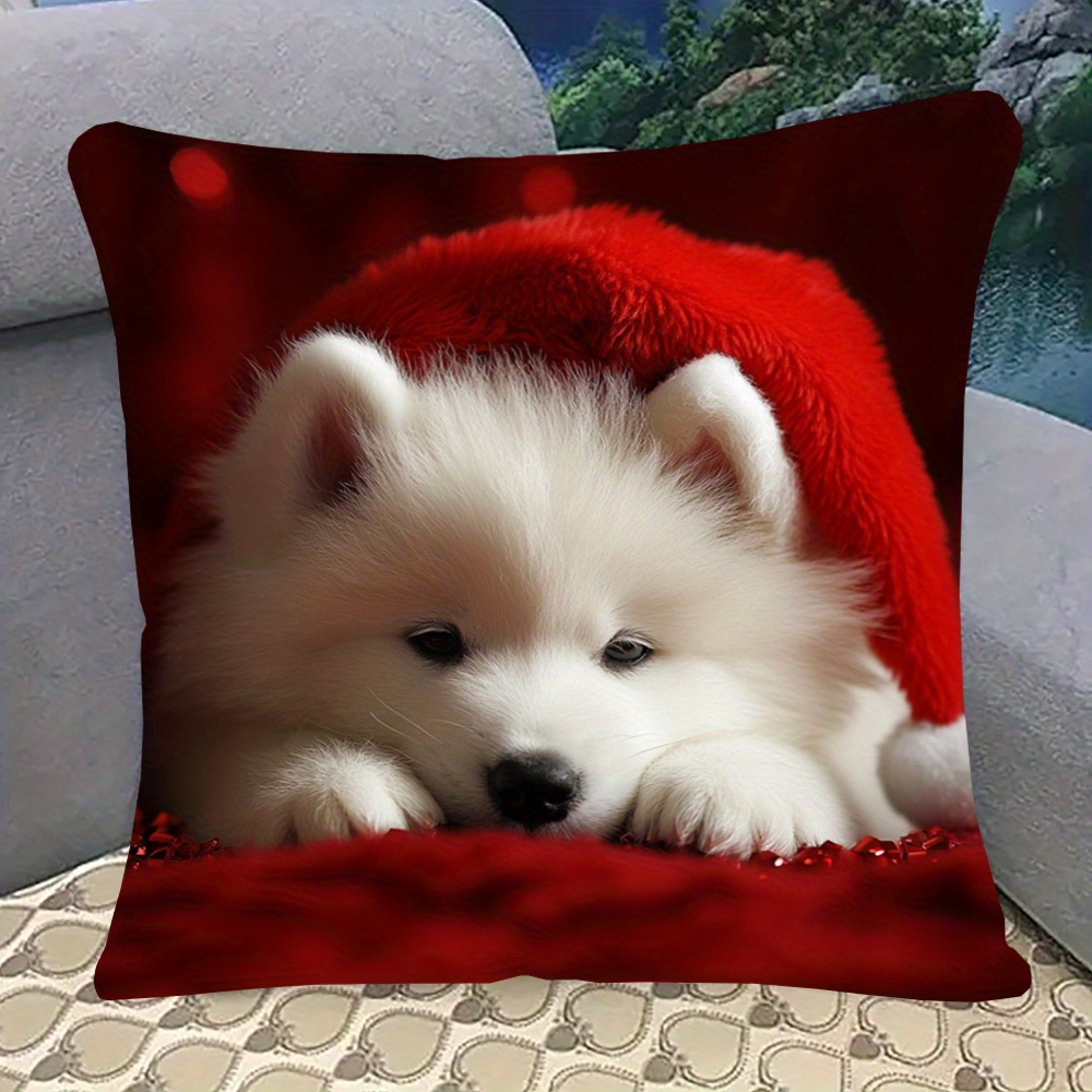 

Cozy 18x18" Samoyed Puppy Christmas Plush Pillowcase - Double-sided, Machine Washable For Sofa & Bedroom Decor, Short Plush, Living Room, No Pillow