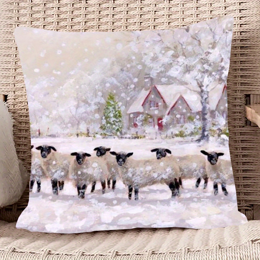 

1pc Winter Sheep Scene 18x18 Inch Throw Pillow Cover - Cozy Farmhouse Decor With Snowy Landscape & , Machine Washable Polyester, Sofa Or Bed, Thanksgiving Home Accent