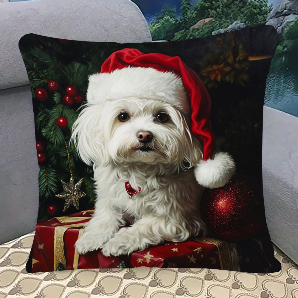 

Christmas Maltese Dog 18x18 , Double-sided , Washable, , Zippered , Pillowcase For Sofa And Bedroom - 1pc ( Not Included)