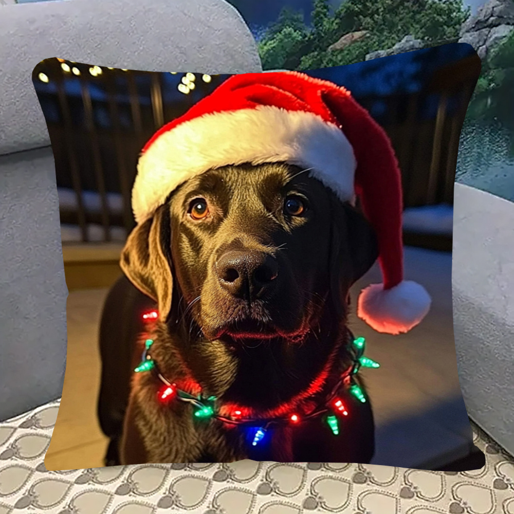 

Christmas Pillowcase 18x18" - Double-sided, Soft Plush With Santa Hat & Lights Design - Gift For Dog Lovers, Zip Closure, Machine Washable - Ideal For Sofa & Bedroom Decor