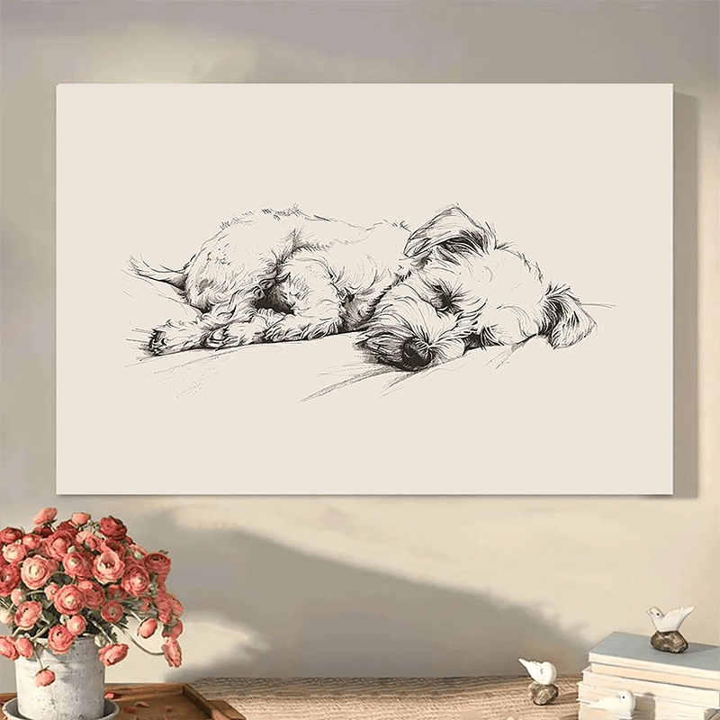 TEMU 2d Flat, 1pc 2d Vintage Schnauzer Puppy Canvas Art With Wooden Frame – Sleeping Dog Print, Black & White Line Drawing, Ready-to-hang Wall Decor,