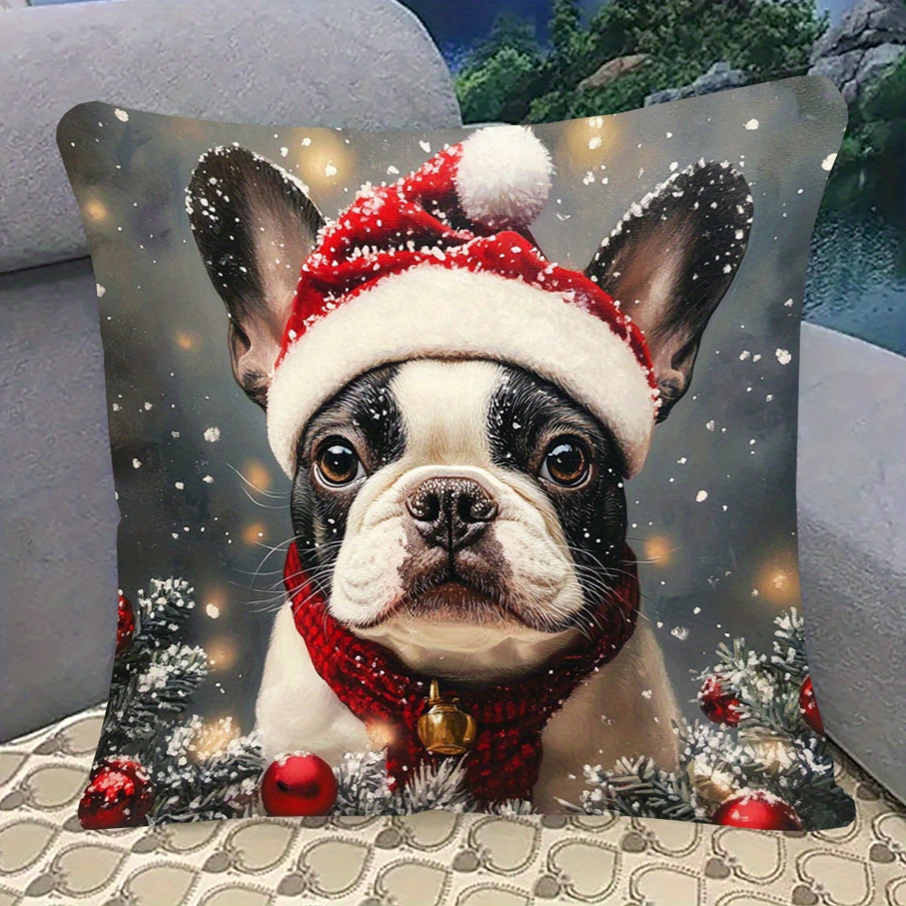 

1pc, Short Plush Pillowcase, Double-sided Printed 18x18inch, Bulldog Christmas Suitable For Sofa, Living Room, Bedroom Home Decoration, No Pillow Keai249