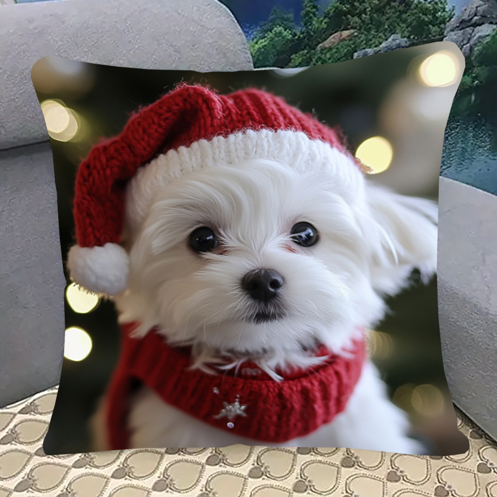 

18x18 Double-sided Printed Cushion , Zippered Pillowcase, Washable, , Snowdrop The Maltese Christmas Decor - (1pc)