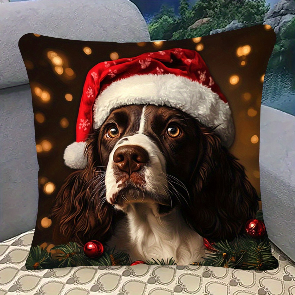 

1pc, Short Plush Pillowcase, Double-sided Printed 18x18inch, English Spaniel Christmas Suitable For Sofa, Living Room, Bedroom Home Decoration, No Pillow Keai116