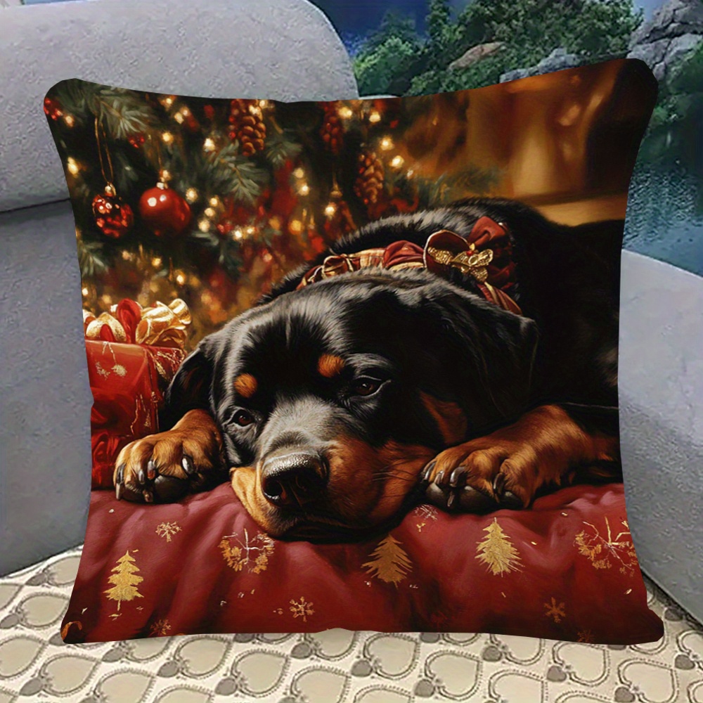 

Rottweiler Christmas Throw Pillow Cover 18x18" - Soft Plush, Double-sided Design For Sofa & Bedroom Decor, Zip Closure, Machine Washable