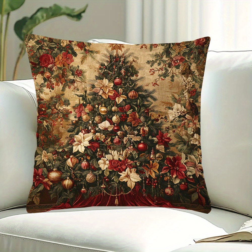 

1pc, Royal Garden Luxurious Floral Tapestry In Golden And Red Christmas Tree Super Soft Short Plush Pillowcase, Double-sided Printing, 18x18inch, Decorative Pillows For Couch Sofa Bed, No Pillow