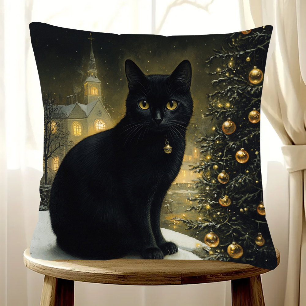 

1pc, Short Plush Pillowcase, Double-sided Printed 18x18inch, Black Cat Christmas, Winter Style, Living Room, Bedroom Home Decoration, No Pillow