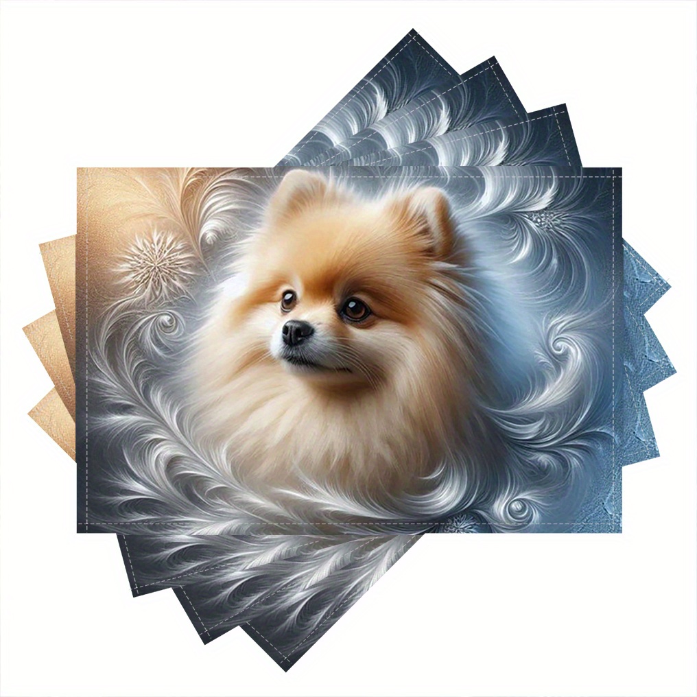 

4-pack Pomeranian Dog Placemats, 12x18 Inches, Single-sided Print, Elegant Linen Kitchen & Dining Mats, Christmas Home Decor, Machine Washable, Rectangular Knit Fabric, Mingcc3200