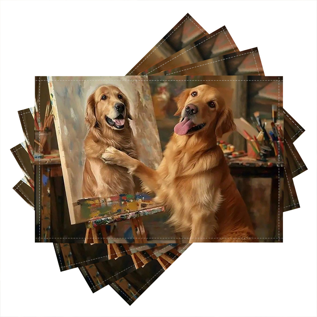 

4-pack Golden Retriever Linen Table Mats, 12x18inch, Rectangular, Machine Washable, Easy Clean, Decorative Placemats For Dining Table, Kitchen Home Decor,