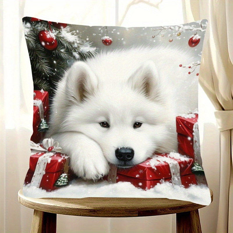 

Cozy Samoyed Dog 18x18" Plush Pillowcase - Double-sided, Winter Style For Living Room & Bedroom Decor, Machine Washable With Zip Closure