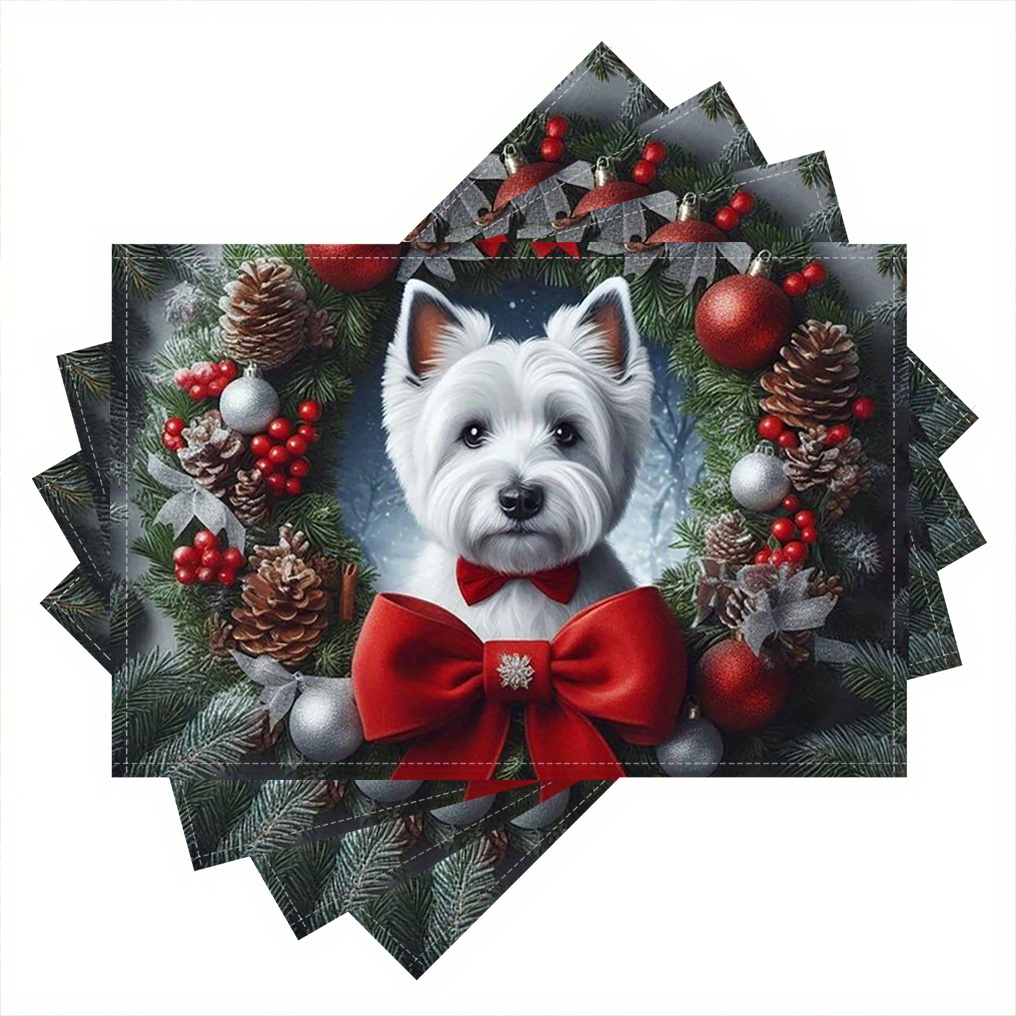 

4-pack Christmas Table Mats With West Highland Dog And Wreath Design, 12x18 Inch, Linen Rectangular Placemats, Machine Washable, Knit Fabric Weave For Home And Kitchen Decor