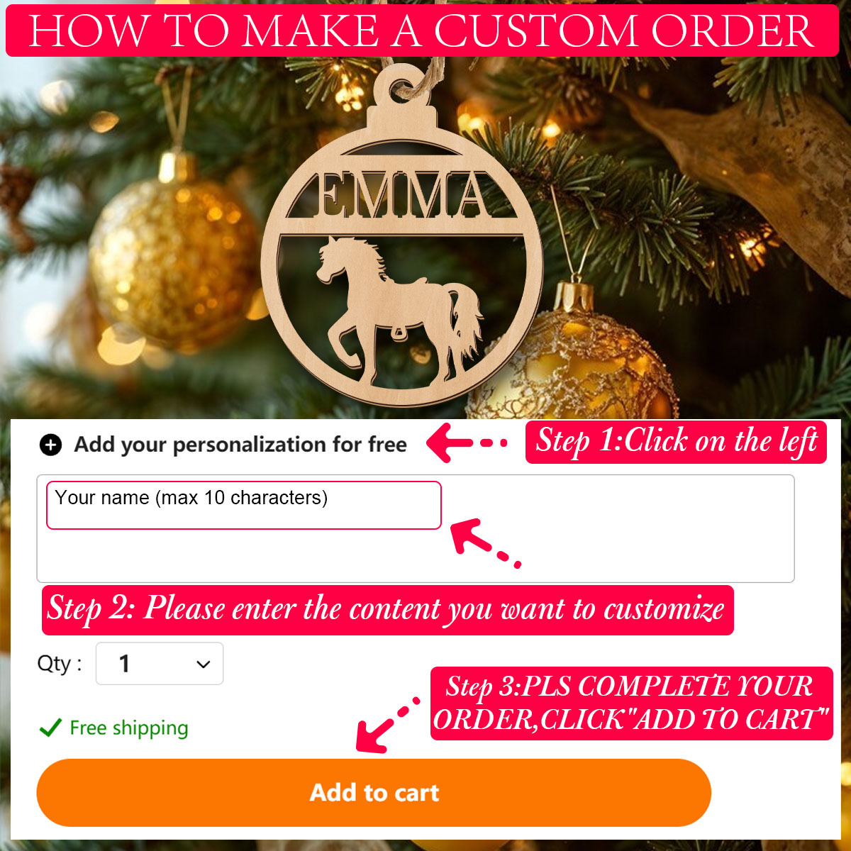 Image of 1pc Of Custom Wooden Horse Ornament For Christmas, Featuring A Personalized Name, Perfect For Family Tree Decoration And As A Gift For Year 2025